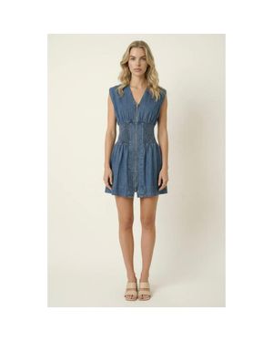 Modenaire Denim Cap Sleeve Smocked Mini Dress - Blue