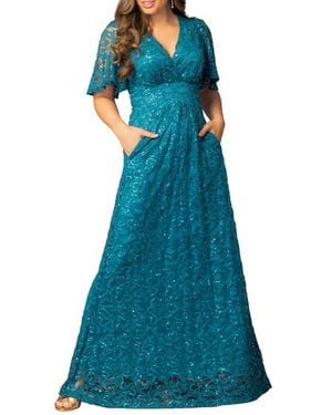 Kiyonna Luminous Sequin Lace Evening Gown - Blue
