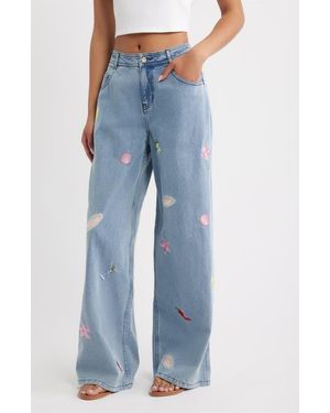 Kulani Kinis Embroidered Wide Leg Jeans - Blue