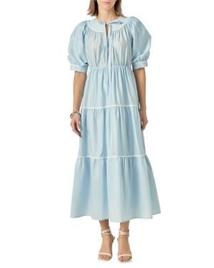 English Factory Embroidered Puff Sleeve Tiered Midi Dress - Blue