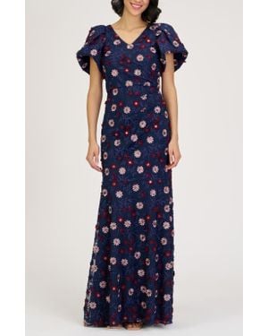 JS Collections Jade Floral Appliqué Gown - Blue