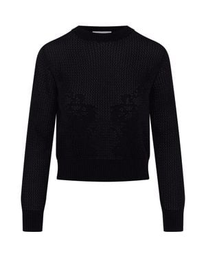 Club Malibu Crochet Design Cropped Ribbed Trim Sweater - Black