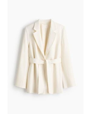 H&M Textured-Weave Tie-Belt Blazer - Natural