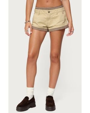 Edikted Peekaboo Plaid Boxer Detail Denim Shorts - Natural