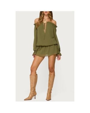 Edikted Delphine Off The Shoulder Long Sleeve Chiffon Romper - Green