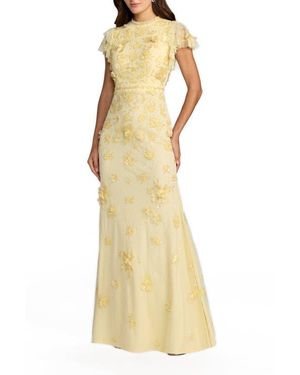 Mac Duggal Floral Embellished High Neck Flutter Sleeve Gown - Yellow