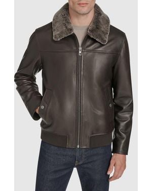 Andrew Marc Leather Aviator Jacket With Removable Genuine Shearling Collar - Black