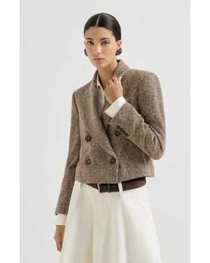 Brunello Cucinelli Sparkling Virgin Wool Chevron Cropped Blazer - Natural