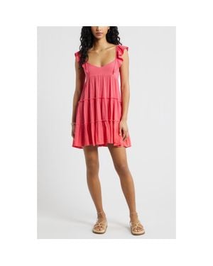 BP. Flutter Sleeve Cotton Blend Mini Sundress - Red