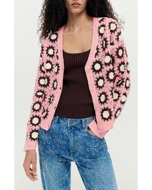 Desigual Granny Square Cotton Blend Crochet Cardigan - Red