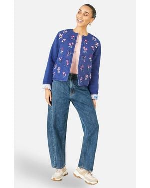 Yumi' Floral Embroidery Cotton Jacket - Blue