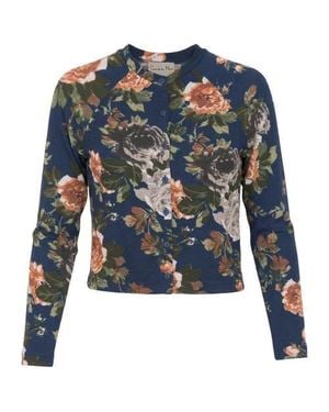 Coco de la Mour Floral Crew Neck Button Front Cardigan Top - Blue