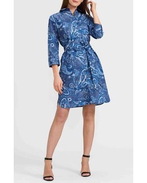 Foxcroft Rocca Paisley Print Belted Cotton Shirtdress - Blue