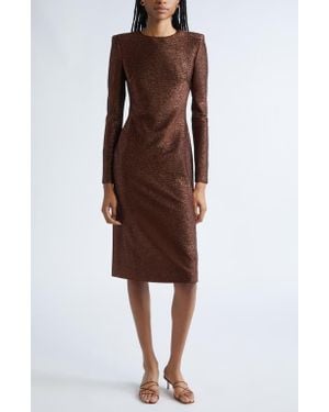 Oscar de la Renta Long Sleeve Metallic Knit Cocktail Dress - Brown
