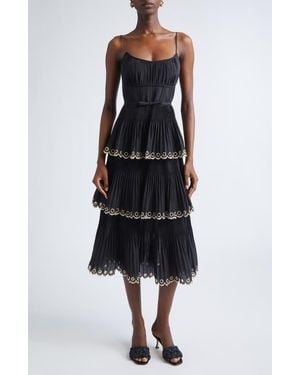 Zimmermann Scalloped Eyelet Trim Tiered Midi Dress - Black