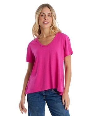 Wilt Deep V-Neck Ruched Sleeve Tee - Pink
