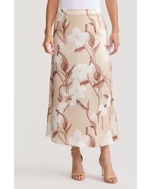 Misook Flared Floral Print Silk Maxi Skirt - Natural