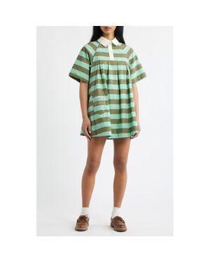 Damson Madder Maggie Stripe Organic Cotton Polo Minidress - Green