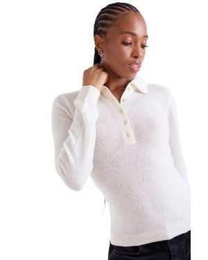 1982 Amaya Button 100% Cashmere Polo Top - White