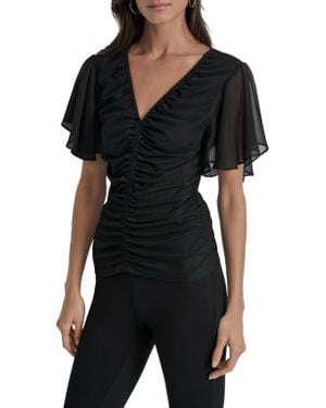 DKNY Ruched V-Neck Shirt - Black