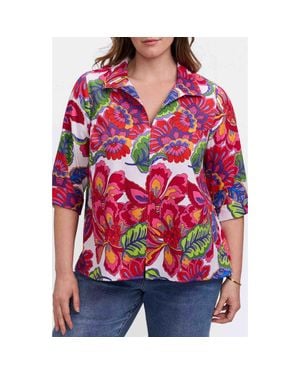 Foxcroft Agnes Paradise Blooms Three-Quarter Sleeve Cotton Popover Top - Red