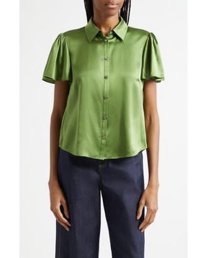 Cinq À Sept Fiona Flutter Sleeve Silk Satin Button-Up Shirt - Green