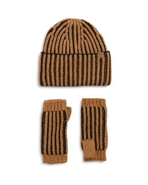 UGG Chunky Plaited Beanie & Fingerless Mittens Set - Brown