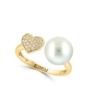 Effy 14K Pavé Diamond Heart And Fresh Water Pearl Ring - Metallic