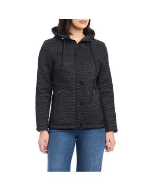 Kate Spade Water Resistant Hooded Floral Quilted Short Jacket - Black