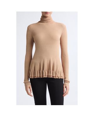 Ashlyn Meritt Ruffle Hem Rib Turtleneck Sweater - Natural