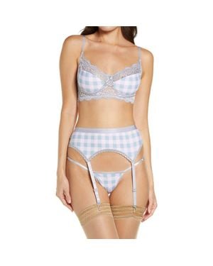 Coquette Gingham Underwire Bra, Garter Belt & G-String Set - Blue