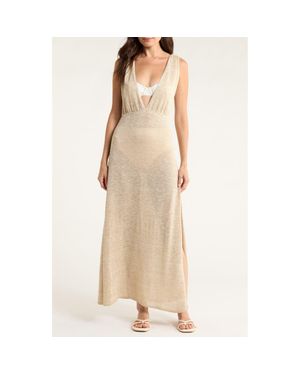 Elan Plunge Neck Maxi Cover-Up Sweater Dress - Natural