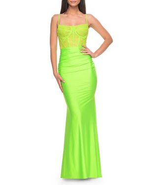La Femme Neon Ruched Jersey Dress With Illusion Corset Lace Top - Green