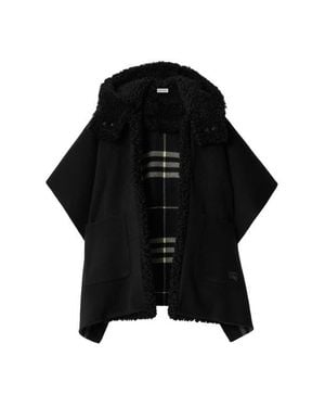 Burberry Reversible Shearling Trim Check Cashmere Cape - Black