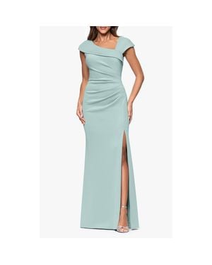 Xscape Evenings Asymmetric Neck Scuba Knit Trumpet Gown - Blue