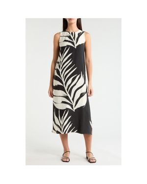 MELLODAY Palm Print Sleeveless Shift Midi Dress - Black