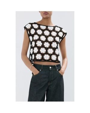 Mango Flower Embellished Openwork Sweater - Black