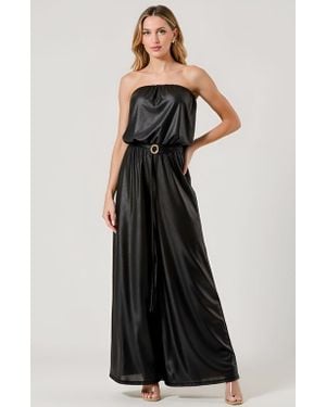 Modenaire Strapless Satin Jumpsuit With Belted Waist And Wide Leg Silhouette - Black