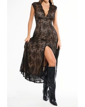 Popilush Shapewear Boho Floral Lace V Neck Resort Maxi Dress - Black