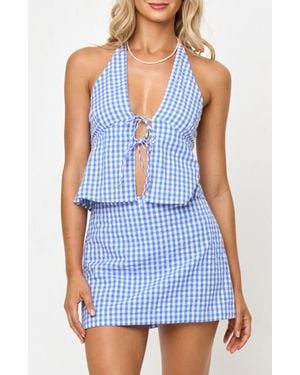 LSPACE April Tie Front Halter Linen Cover-Up Top - Blue
