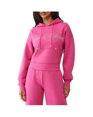 TRUE RELIGION Rhinestone Logo Crop Hoodie - Pink