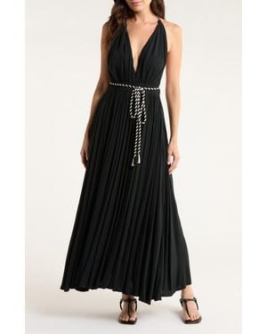 Elan Plunge Tie Belt Maxi Cover-Up Dress - Black