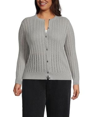 Lands' End Cotton Pointelle Modern Cardigan Sweater - Gray