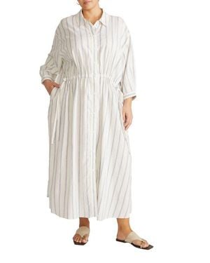 UNIVERSAL STANDARD Drawstring Waist Button-Up Linen Blend Shirtdress - White