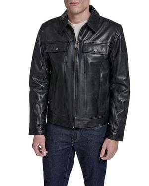 Cole Haan Leather Trucker Jacket - Black