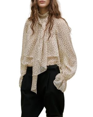 Mango Polka Dot Tie Neck Top - Natural