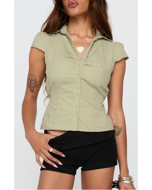Princess Polly Arianwyn Cap Sleeve Cotton Button-Up Shirt - Green