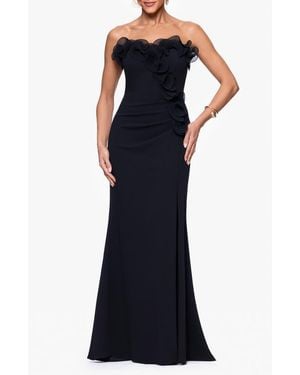Xscape Evenings Ruffle Detail Strapless Scuba Crepe Sheath Gown - Blue