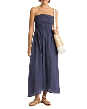 Sea Level Heatwave Strapless Cotton Cover-Up Dress - Blue