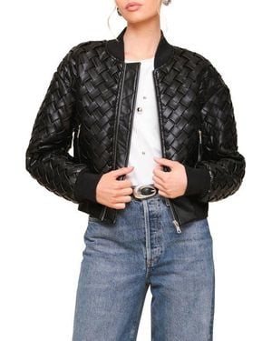 Avec Les Filles Weave Crop Faux Leather Bomber Jacket - Black